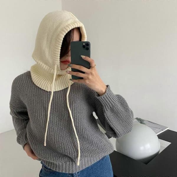 Tjock Hals Skydd Hatt Stickad Mössa Fluffig Vinter Varmare Stickad Mössa Kalla Vinter Presenter för Barn Tonåringar creamy white