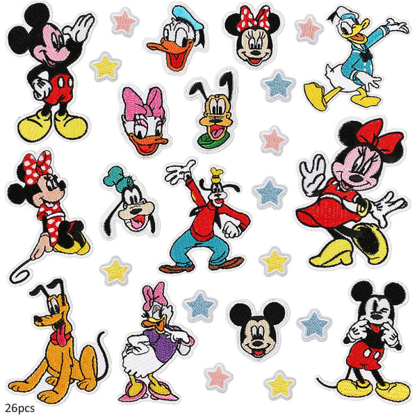 26 stk Mikke Minnie Mouse broderte lapper Sy på/stryke lapper Dekorasjonsapplikasjon for klær, lue, gjør-det-selv-tilbehør