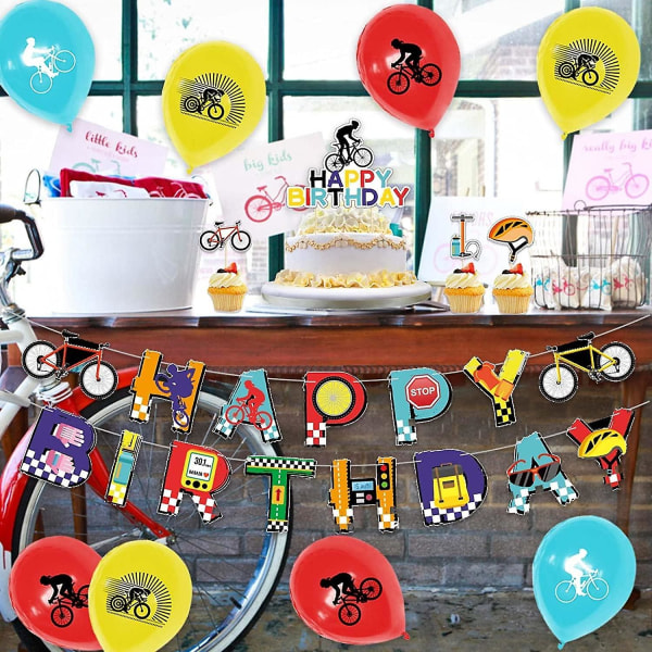 Babycykelfødselsdagsfestpynt - Cykelfødselsdagsbanner, Cake Cupcake Toppers, Balloner til Sportsfans, Drenge, Cykelfødselsdagsfester