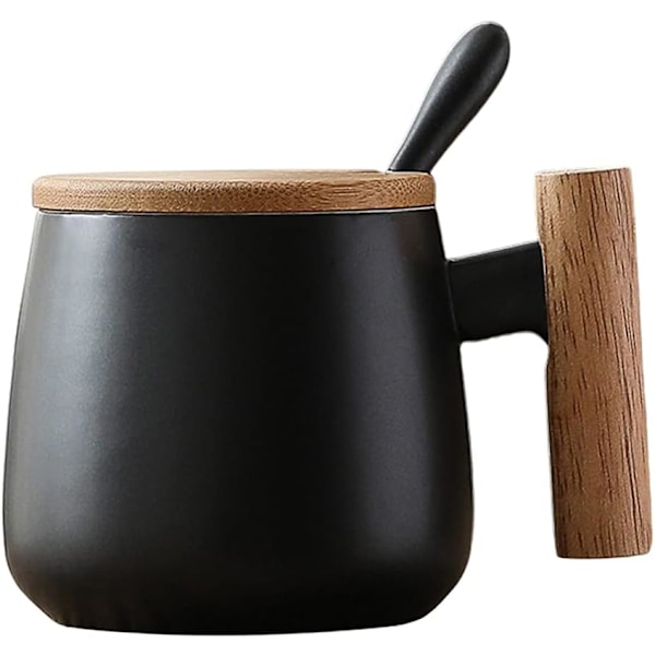 Keramisk kaffemugg Kaffe Te-kopp med lock och sked, Mjölkkopp Drickkoppar för män, kvinnor, Thanksgiving, jul, födelsedag (svart)