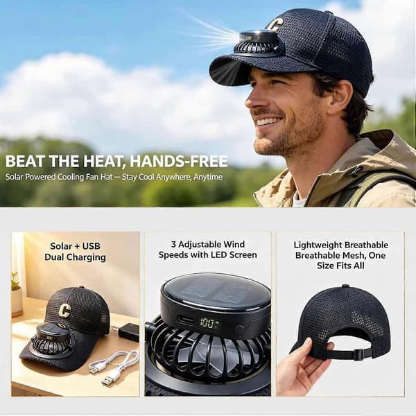 Baseballcaps i netting med solvifte, solcelledrevet viftehatt, utendørs solviftecaps