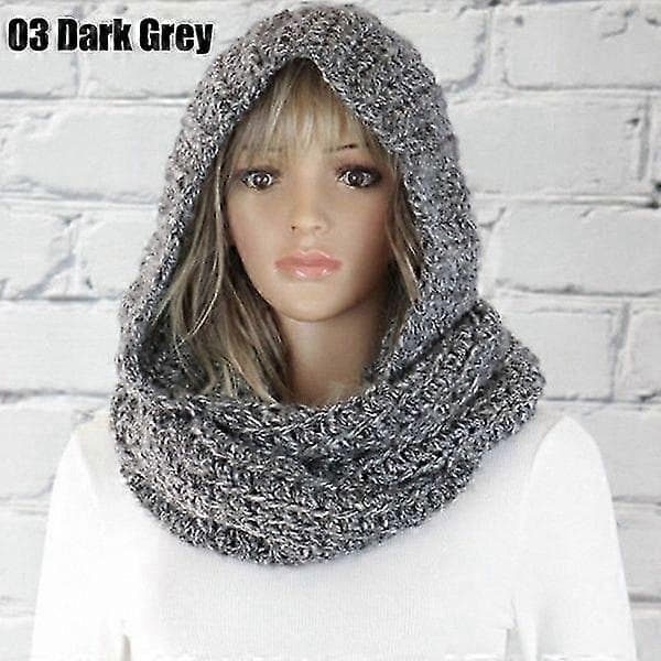 Retro strikket hættehalstørklæde med hat til kvinder, efterår og vinter, varmt, afslappet stil dark grey
