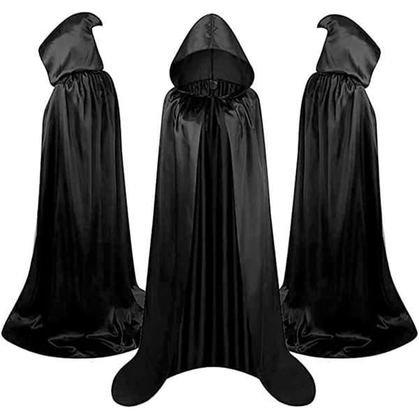 Halloween Satinkappe til børn og voksne – Sort Grim Reaper Kappe med standkrave og hætte black 110cm