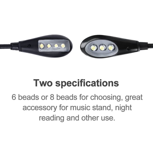 Kiinnitettävä nuottiteline ja lukuvalo 8 LED-valolla ja 2 säädettävällä varrella.