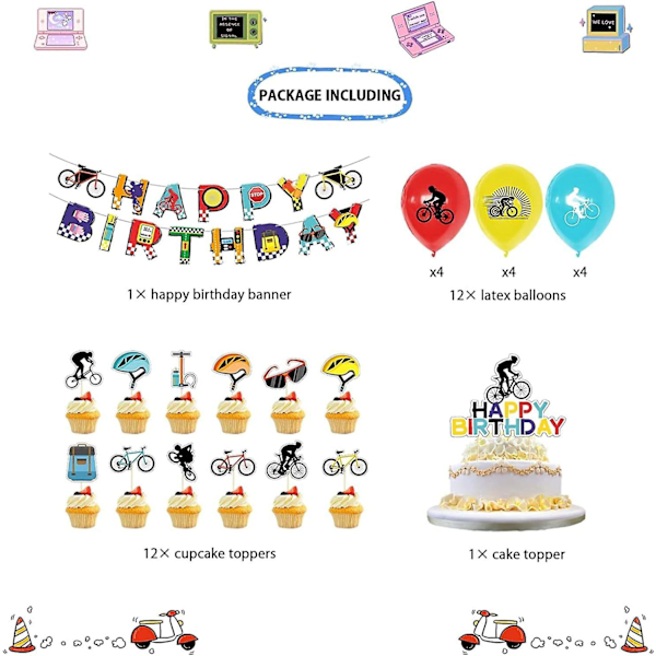 Babycykelfødselsdagsfestpynt - Cykelfødselsdagsbanner, Cake Cupcake Toppers, Balloner til Sportsfans, Drenge, Cykelfødselsdagsfester