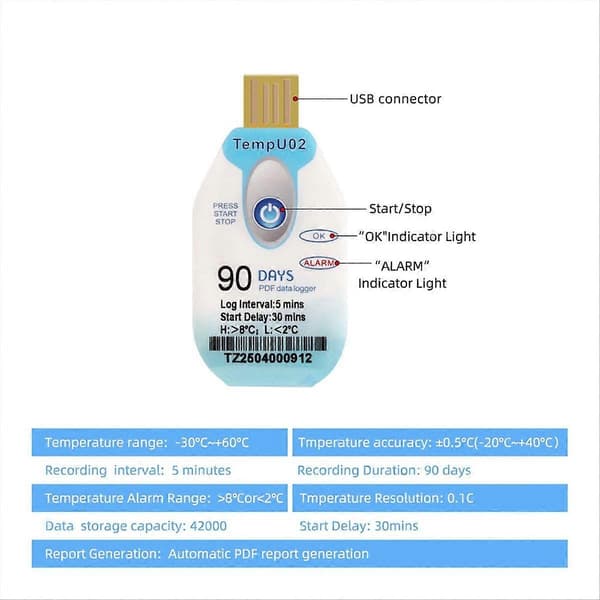 USB temperaturlogger engangs 90 dager PDF datalogger vanntett temperaturmåler transport mat sjømat opptaker
