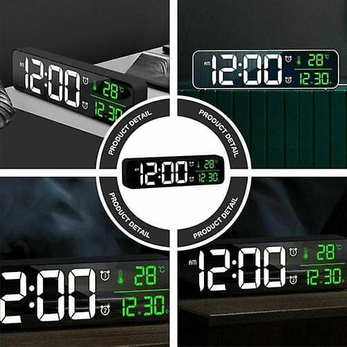 Digital väckarklocka stor LED-spegeldisplay temperatur datum sängväggklocka White