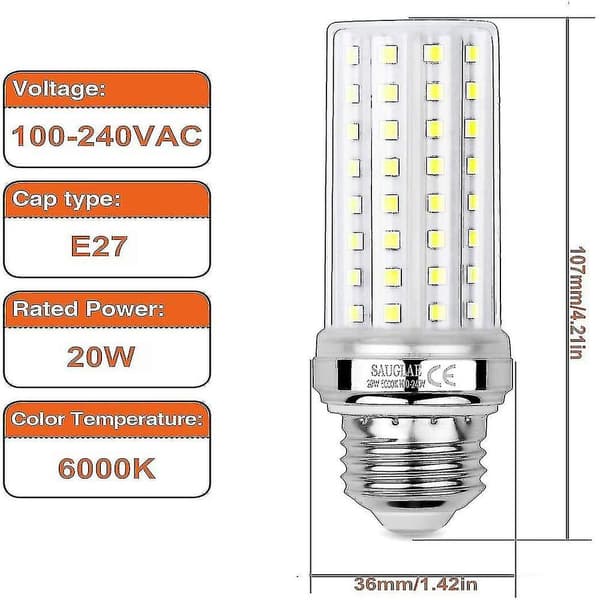 20W LED majslamper, svarende til 150W glødepære, 6000K kold hvid, E27 Edison skruelamper, 3 styk