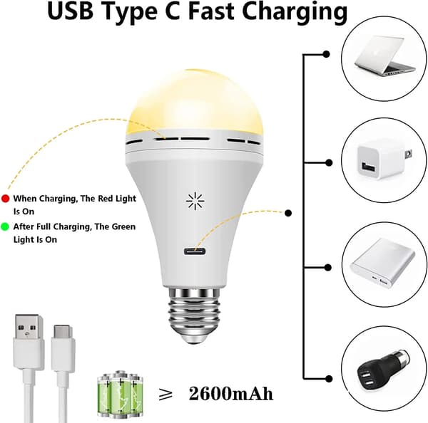USB-C oppladbart lyspære med fjernkontroll 5V 7W E27 smart batteripære