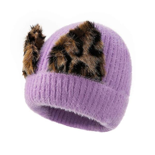 Enkel Mode Stickad Mössa Krullkant Mössa Personlighet Stickad Mössa Leopardtryck Öron Stickad Mössa Höst & Vinter för Kvinnor Yellow