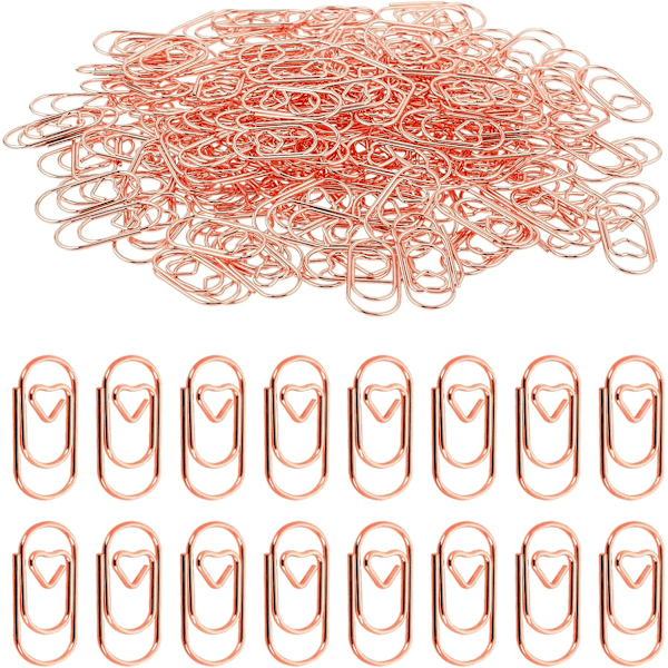 200 stk. hjerteformede papirklips, søte mini papirklips i rustfritt stål, små papirklips for kontor og skole (rosa gull)