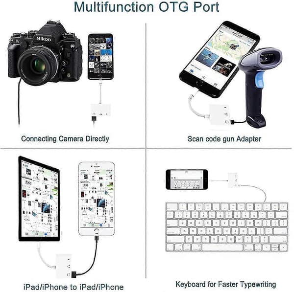 3-i-1 USB hunn OTG ladeadapter med 3,5 mm lydjack-splitter for iPhone/iPad som kombinerer strøm og lyd