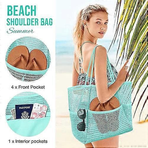 Mesh strandtaske med lynlåslomme, stor mesh mulepose til kvinder, afslappet skuldertaske til sommer Cyan