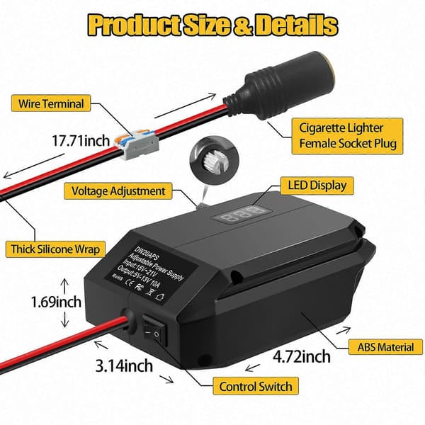 Bosch 18V til 12V batteriadapter, nedtrappingsomformerregulator for Power Wheels Noir