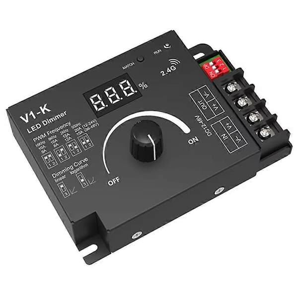 V1-K LED Controller Lysdæmper 12V 24V PWM Lysdæmperkontakt 20A Frekvensjusterbar LED Strip Lysdæmper til Belysningsmoduler Noir