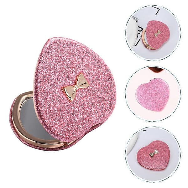 Hjerteformet sammenleggbart sminkespeil: Dobbeltsidig glitrende bærbart reiselommespeil for kvinner og jenter 7.50X7.00X1.10CM Rose