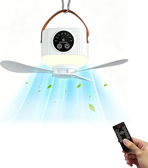 Bærbar campingventilator med LED-lys; 7200 mAh USB genopladelig loftventilator