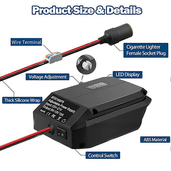 Til Bosch 18V batteri, 18V til 12V Power Wheels batteriadapter, Step Down Converter Regulator Noir
