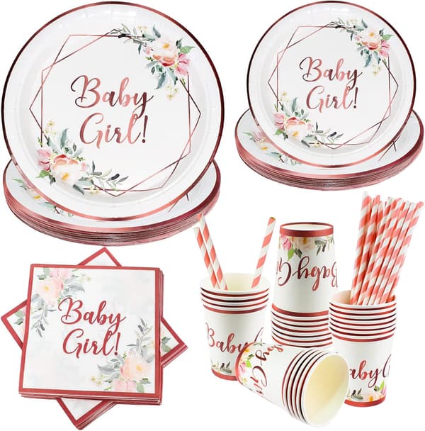 Sett med dekorerte tallerkener til babyshower (120 deler)