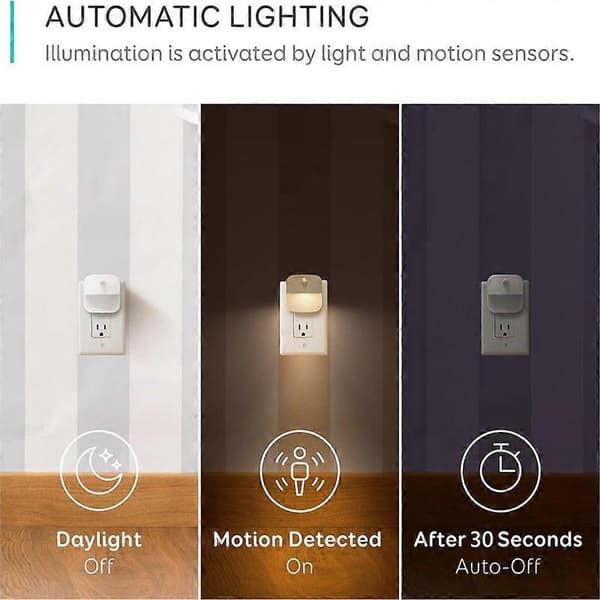 3-pack LED Night Light Socket Warm White with Motion Detector and Dusk Sensor for Stairs, Bedroom, Hallway