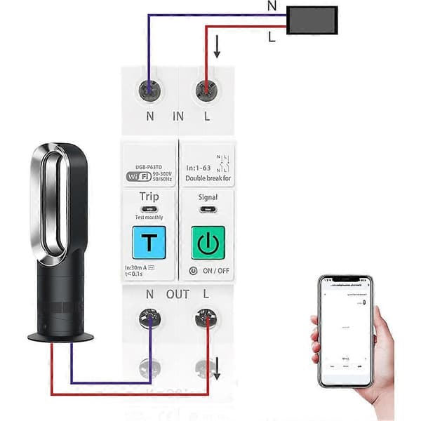 WIFI Smart Switch 63A 2P til energimåler afbryder spændingsstrøm lækage temperatur beskyttelse afbryd L+N White