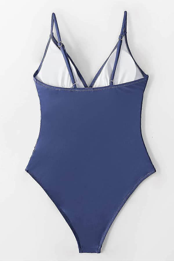 Badedrakt for kvinner, hel, V-hals, magekontroll, rynket front, lav rygg Dark Blue XL
