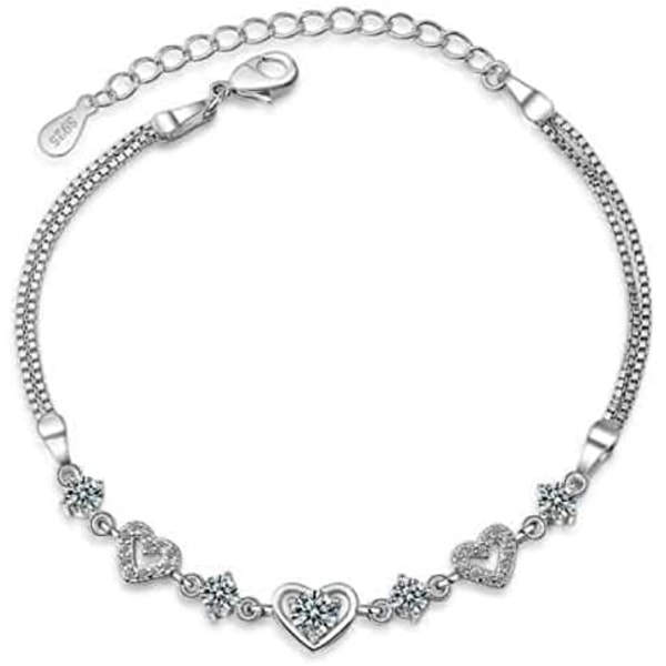 Queen Dam Silverpläterat Hjärtkedjebracelet Med Kubisk Zirkonia, Silverarmband För Kvinnor Hjärtan, Fantasifulla Armband(Klar)