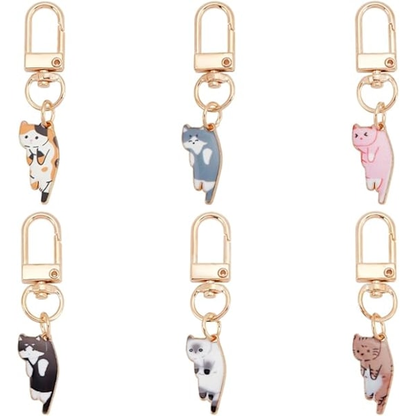 6 stk. 6-farvet emalje kattenøglering kat emalje nøgleringe clips legering trigger snap kroge nøglering med kattevedhæng kattecharms nøgleringe