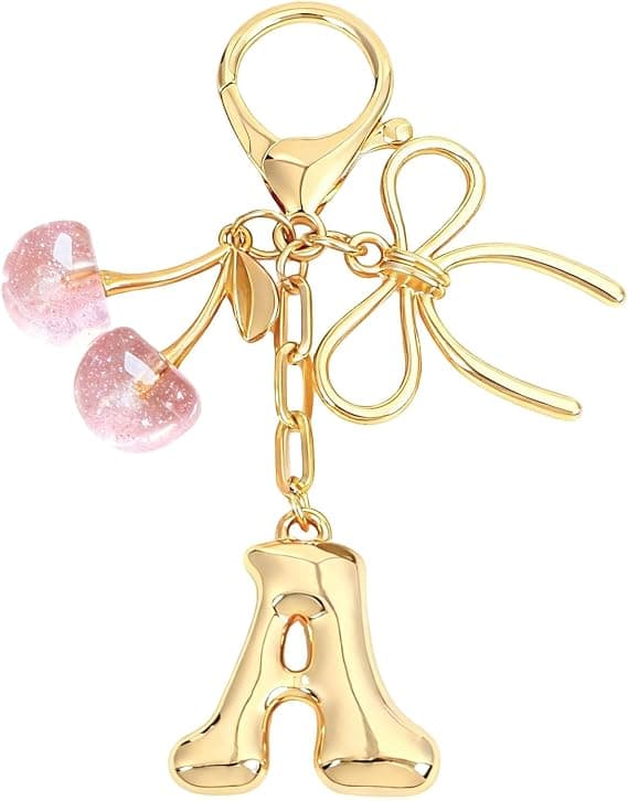 Bokstaven A berlock med rosett och körsbär, söt handväskaccessoar (rosa version)