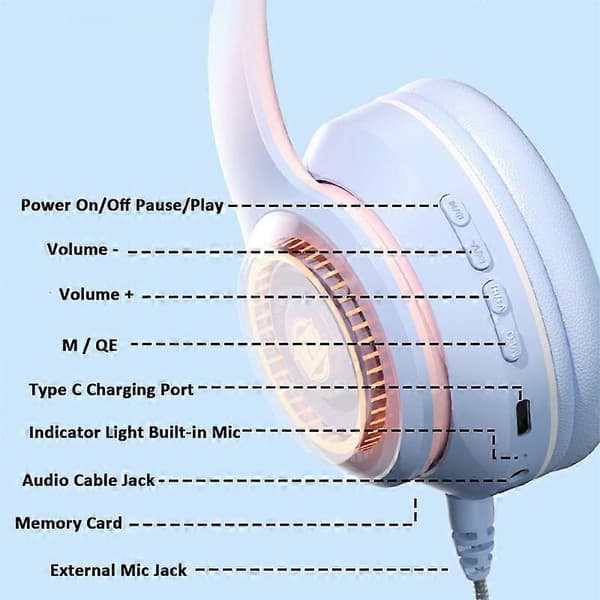 Bluetooth-hörlurar med mikrofon, trådlösa over-ear-hörlurar med kattöron och LED Blue