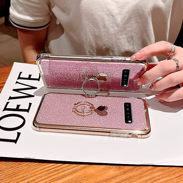 Case för Samsung Galaxy S10 (ej S10 Plus) Flickor Kvinnor Söt Lyx Glitter Glänsande Glittrande Skal Med Ring Ställ Hjärta Slank Mjuk Stötsäker Skydd P