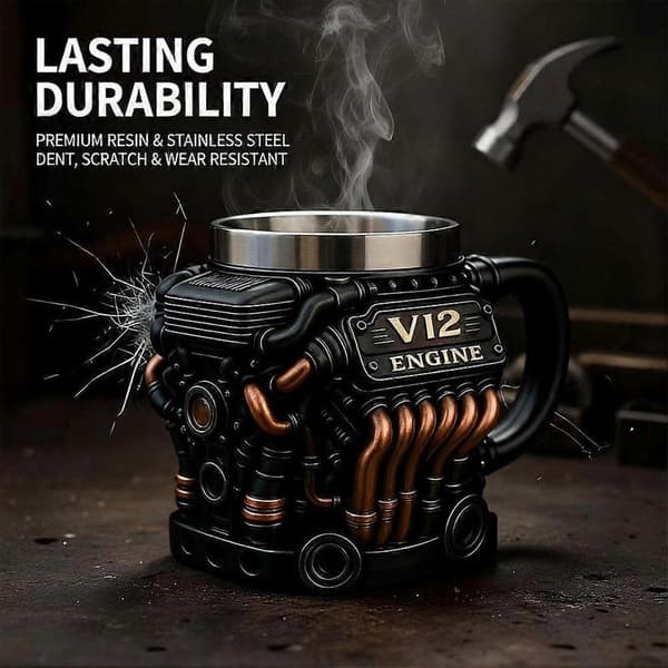 V12Engine Kaffekrus - Brugerdefineret Rejsekop i Rustfrit Stål til Mekanikentusiaster