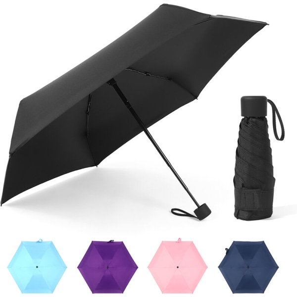 Mini reseparaply med UV-skydd 6-ribbad parasoll Lättviktsfällbart paraply för sol och regn, modell: svart