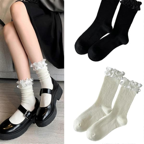 Dame Bomulds Ankelstrømper Prinsesse Strømper Flæsebesatte Crew Strømper Mellem Tube Strømper Søde Booties Strømper JK Studenter Strømper Black
