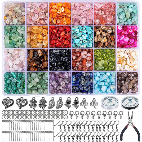 Smykkefremstillingssæt, 24 farver naturlige ædelstensperler, 5-7 mm stenperler, 1073 stykker Ringe gør det selv-sæt til gør-det-selv-smykker Halskæde Armbånd ørering