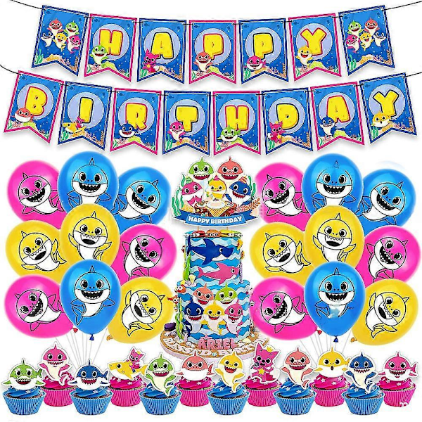 Baby Shark Söta Cartoon Barn Pojkar Flickor Födelsedagsfest Dekorationer Ballong Banner Tårta Toppers Set Baby Shower Party Tillbehör Kit