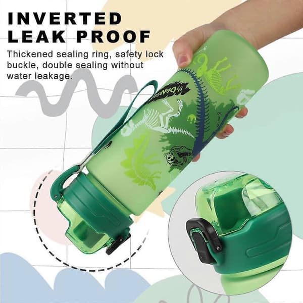 Vattenflaskor för barn, 700 ml söt dricksflaska med snodd för pojkar flickor Green Dinosaur