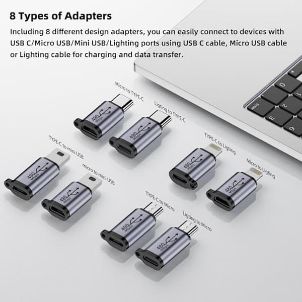 USB C - Micro USB -sovitin, C-tyypin/Micro USB -naaras Lightning-urosmuunnin, Micro USB - USB C -jatkokaapeli (8 kpl)