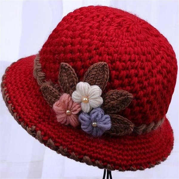 Vinter Dame Blomster Strikket Ullhatt Ørebeskyttelse Ullhatt For Eldre Strikket Hatt StretchFit RD
