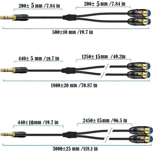 Dobbelt hun XLR til 1/4 tomme TRS stereo hanstik Y-splitterkabel 2-XLR hun til kvart tomme adapter patchkabel-B Black B