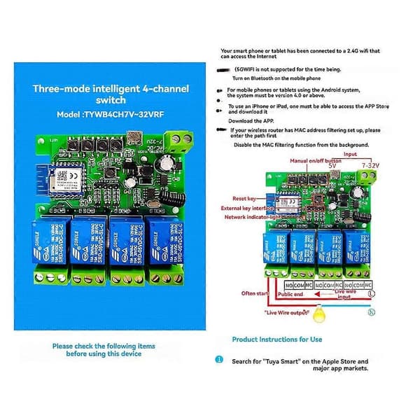 4CH Tuya Smart Switch WiFi relémodul DC7-32V motormodul +RF433 fjernkontroll for garasjeportåpner