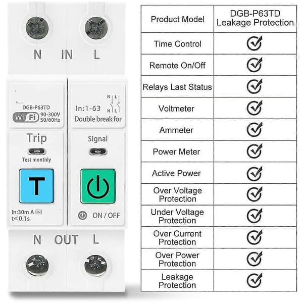 WIFI Smart Switch 63A 2P til energimåler afbryder spændingsstrøm lækage temperatur beskyttelse afbryd L+N White