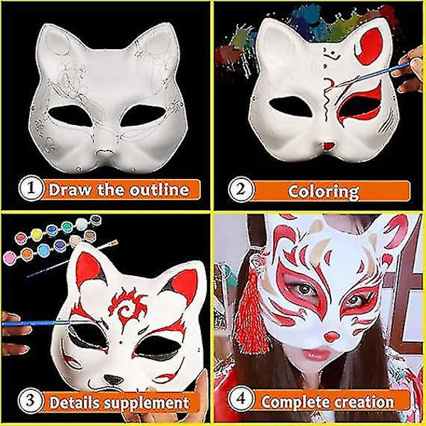 Vit pappersmask katt ansikte - 10 stycken, massa tom handmålad mask, personlig design, lämplig för Halloween maskerad cosplay