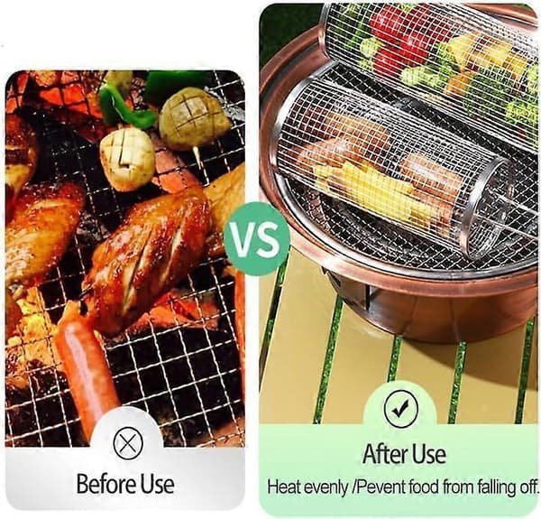 2 stk. rullende grillkurv til grill, rund rustfrit stål, bærbar udendørs campinggrill
