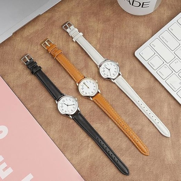 Damklocka, Analog Kvartsklocka, Läderrem Lättläst Ton Klocka Premium Mode Armbandsur för Kvinnor Damer Flickor