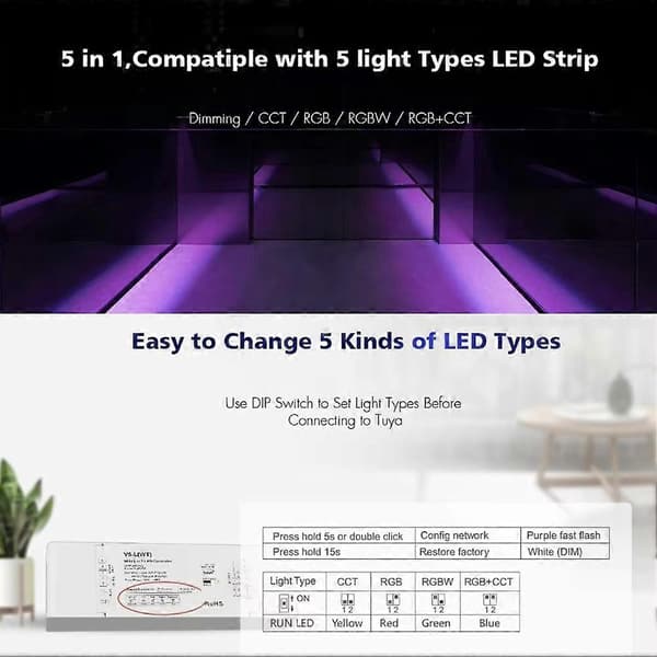 WiFi 5-i-1 LED-controller DC 12V 24V 36V 48V 30A lysdæmper med AC trykafbryder dæmpning APP stemmestyring musikmodel White