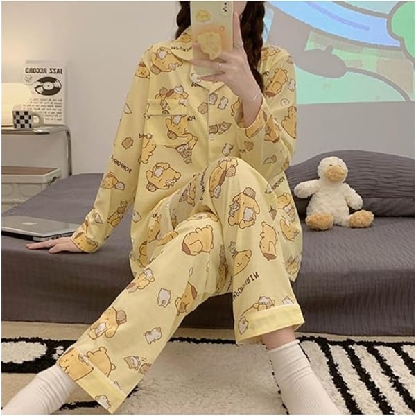 Kawaii Tegneserie Pyjamas til Kvinner og Jenter - Langærmet Skjorte med Pyjamasbukser - Soveklær - Hjemmetøy - 2-delt Pyjamassett Pom Pom Purin XL