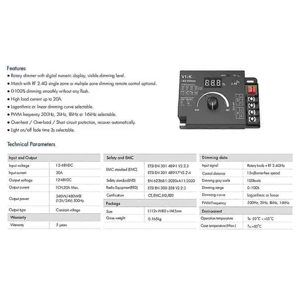 V1-K LED Controller Lysdæmper 12V 24V PWM Lysdæmperkontakt 20A Frekvensjusterbar LED Strip Lysdæmper til Belysningsmoduler Noir