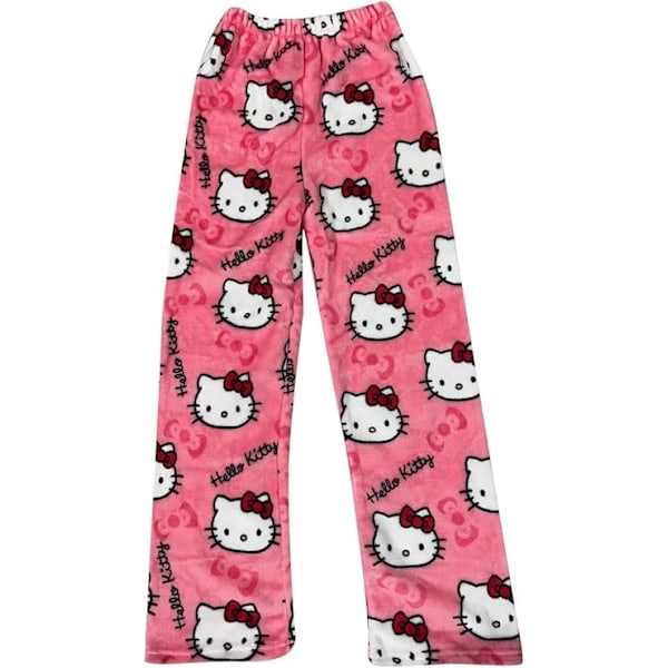 Hello Kitty Flanell Pyjamas Mjuka Kawaii Pyjamas Hembyxor Cartoon Casual Anime Bekväma Höst- och Vintervarma Pyjamas Casual Byxor Rose red M