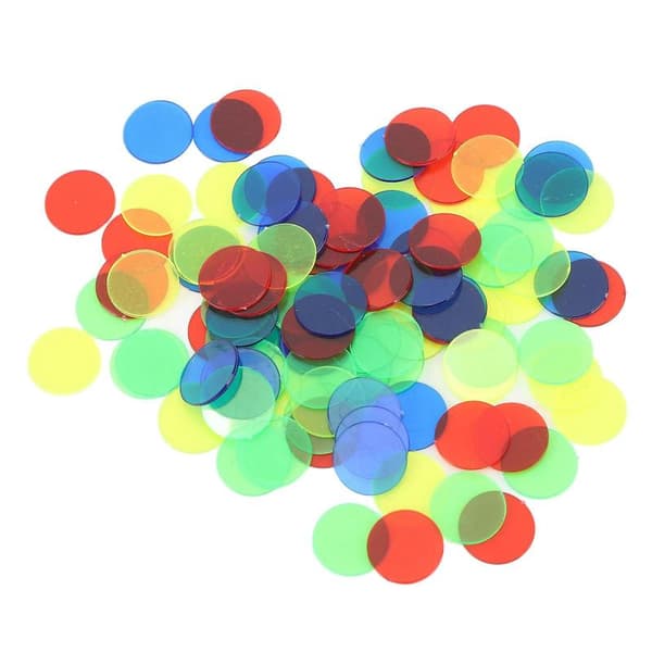 100 stk. gennemsigtige 15 mm diameter runde spillebrikker i 4 farver til brætspil Solid Normal